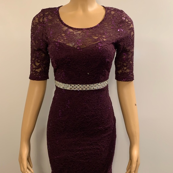 Women junior prom purple lace sequins bodycon mermaid maxi dress size (S) - Picture 4 of 14